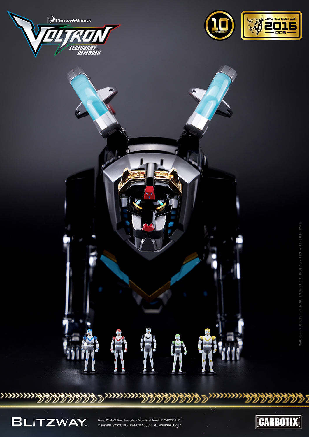 Voltron: Legendary Defender 10th Anniversary Special Limited Edition 1/6 scale Action Figure by Blitzway Carbotix – limited to 2,016 pcs worldwide, featuring Black Lion in front view with Shiro, Keith, Lance, Pidge, and Hunk pilot mini figures.