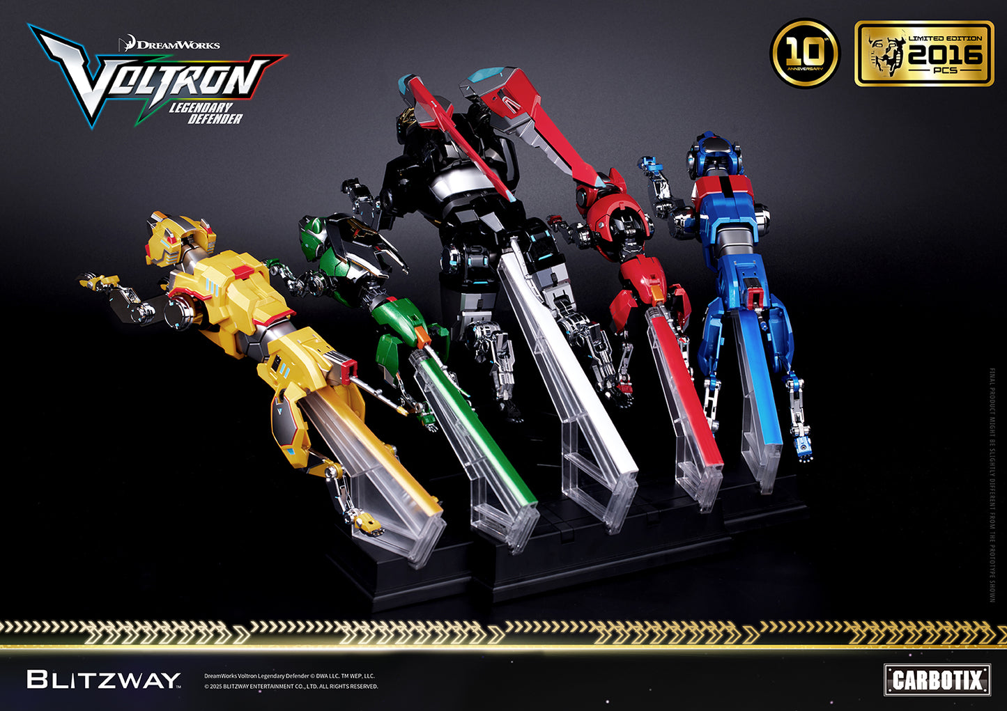 Voltron: Legendary Defender 10th Anniversary Special Limited Edition 1/6 scale Action Figure by Blitzway Carbotix – full set of five Lions (Black, Red, Green, Blue, and Yellow) displayed in dynamic flying mode on clear stands, limited to 2,016 pcs worldwide.