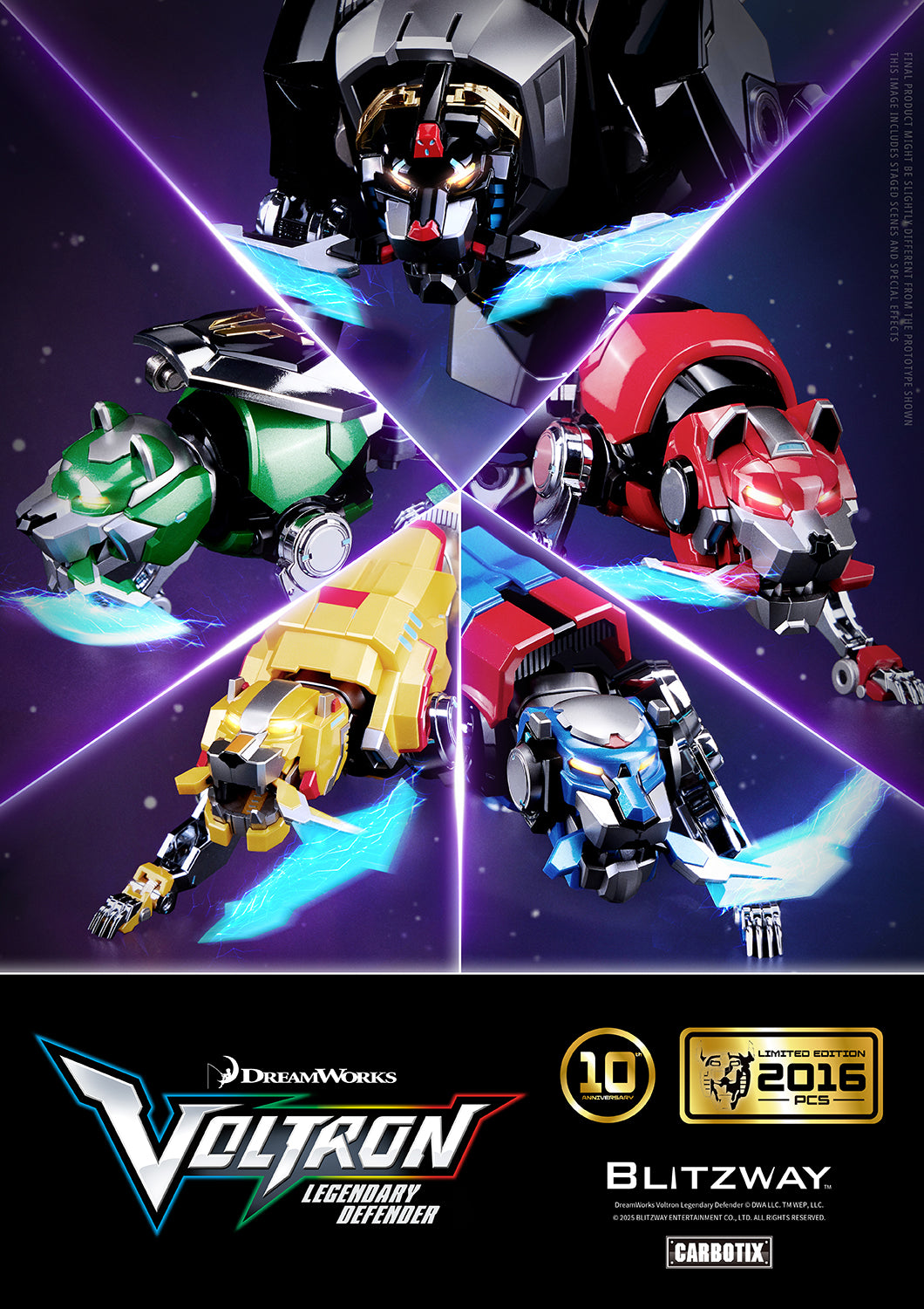 Voltron: Legendary Defender 10th Anniversary Special Limited Edition 1/6 scale Action Figure Lions set by Blitzway Carbotix – limited to 2,016 pcs worldwide, featuring Black, Red, Green, Blue, and Yellow Lions with die-cast parts and energy effect accessories.