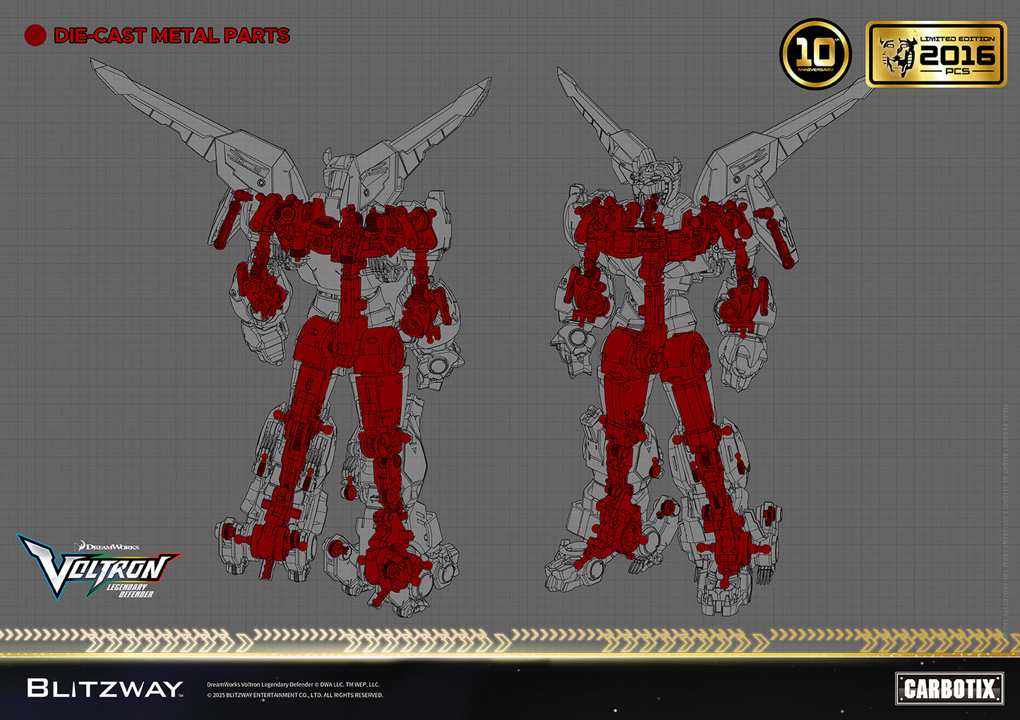 Voltron: Legendary Defender 10th Anniversary Special Limited Edition 1/6 scale Action Figure by Blitzway Carbotix – engineering diagram highlighting die-cast metal parts (shown in red) across internal frame and joints, emphasizing durability and premium build, limited to 2,016 pcs worldwide.