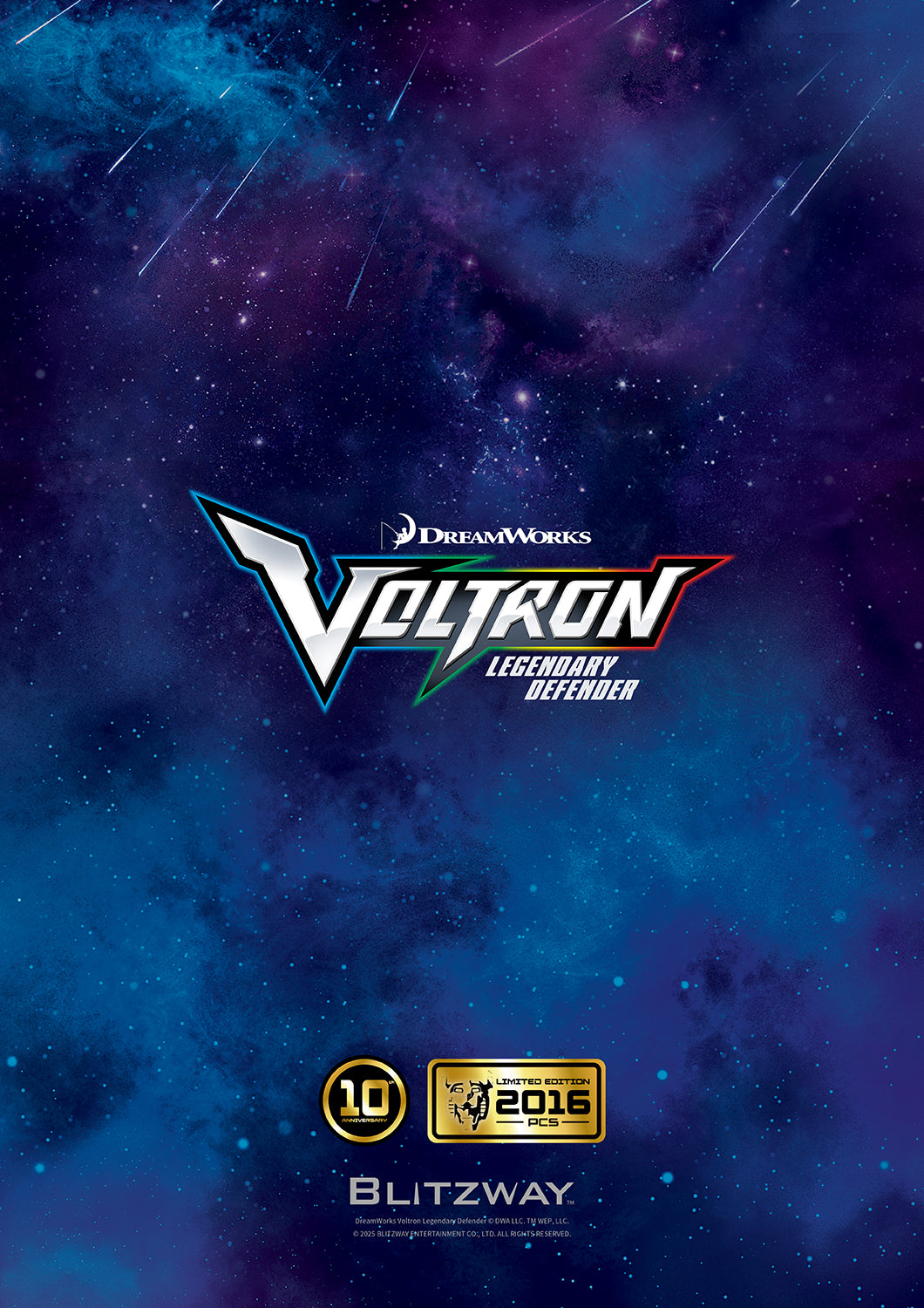 Voltron: Legendary Defender 10th Anniversary Special Limited Edition 1/6 scale Action Figure by Blitzway Carbotix – outer packaging art featuring galaxy background, iconic Voltron logo, and gold emblem marking limited production of 2,016 pcs worldwide.