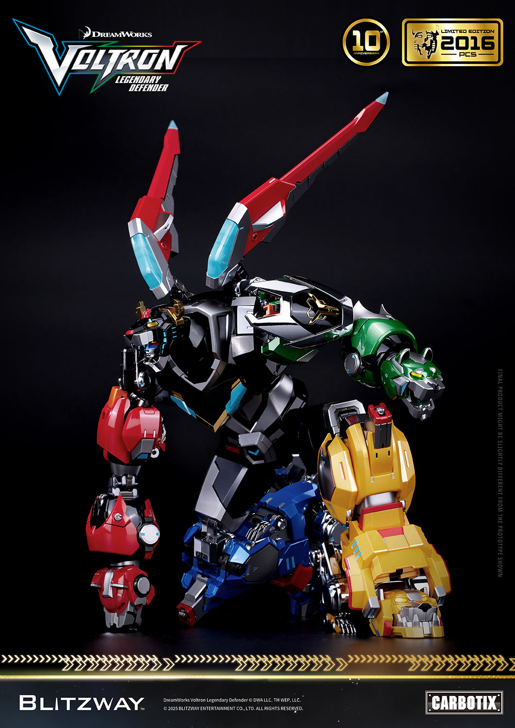 Voltron: Legendary Defender 10th Anniversary Special Limited Edition 1/6 scale Action Figure by Blitzway Carbotix – limited to 2,016 pcs worldwide, showcasing dynamic kneeling pose with die-cast parts, articulated joints, and premium finish.