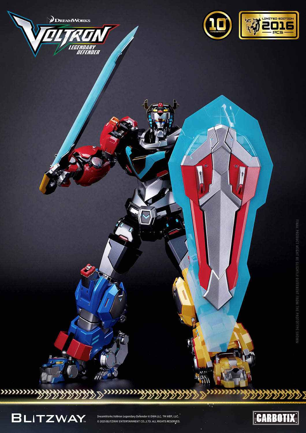 Voltron: Legendary Defender 10th Anniversary Special Limited Edition 1/6 scale Action Figure by Blitzway Carbotix – limited to 2,016 pcs worldwide, featuring die-cast parts, blazing sword accessory, lion shield, and iconic battle-ready pose.
