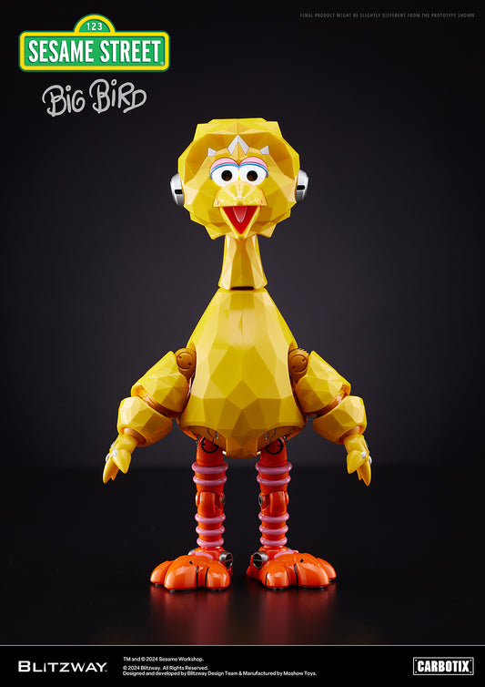 Blitzway Carbotix Big Bird figure from Sesame Street, featuring a geometric design and vibrant yellow and orange color scheme, posed in a front-facing view.