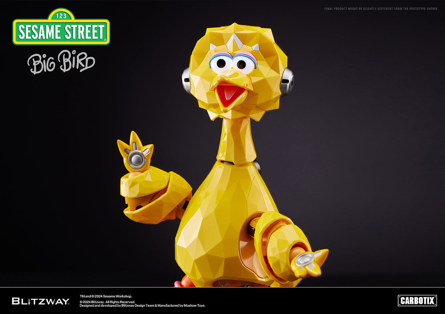 Close-up view of Carbotix Big Bird figure by Blitzway, showcasing a friendly expression and mechanical detail in a waving gesture.