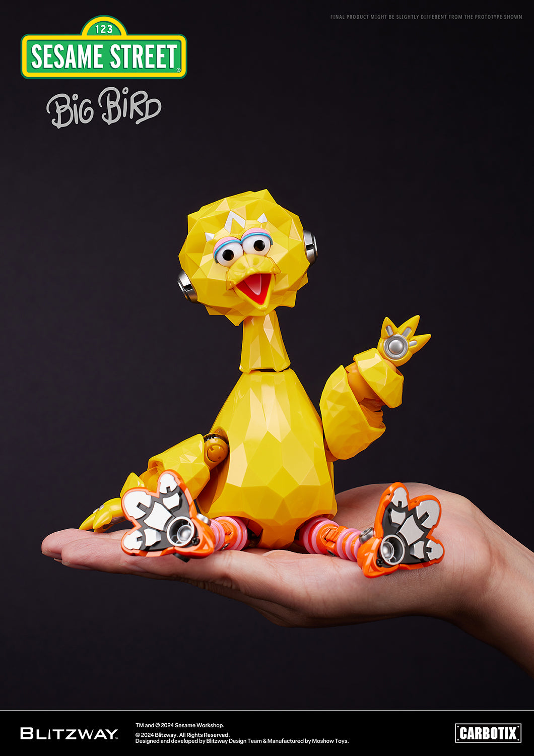 Carbotix Big Bird collectible figure by Blitzway sitting on a human hand, highlighting its compact size and mechanical foot detail.