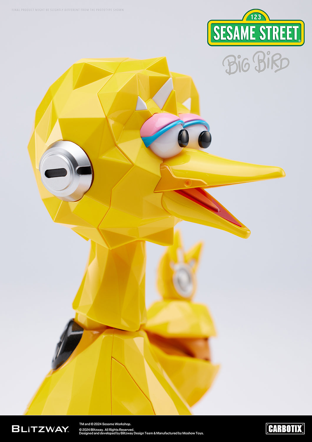 Close-up side view of the Carbotix Big Bird figure by Blitzway, showing geometric surface detailing, expressive eyes, and mechanical ear joint.
