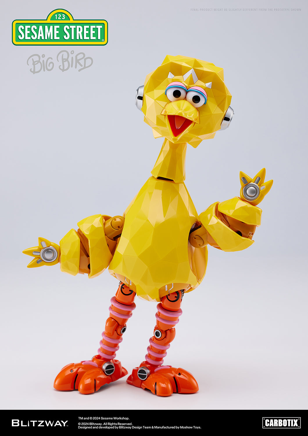 Front view of the Carbotix Big Bird figure by Blitzway, standing with open arms and a cheerful expression on a white background.