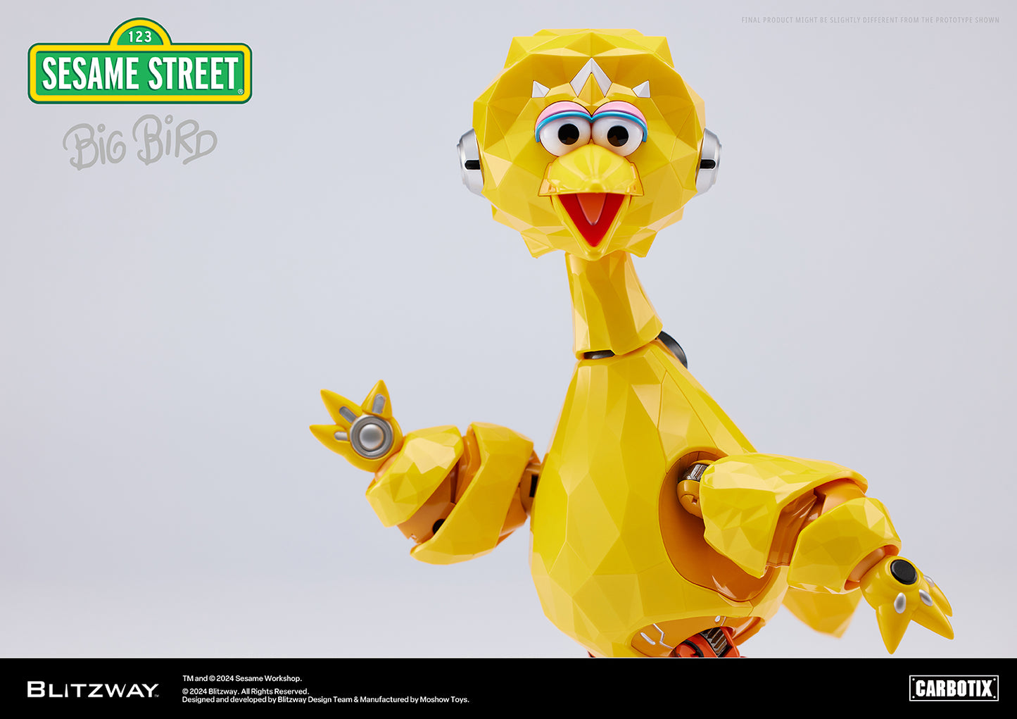Half-body close-up of the Carbotix Big Bird figure by Blitzway, posed with open arms and a joyful smile on a white background.