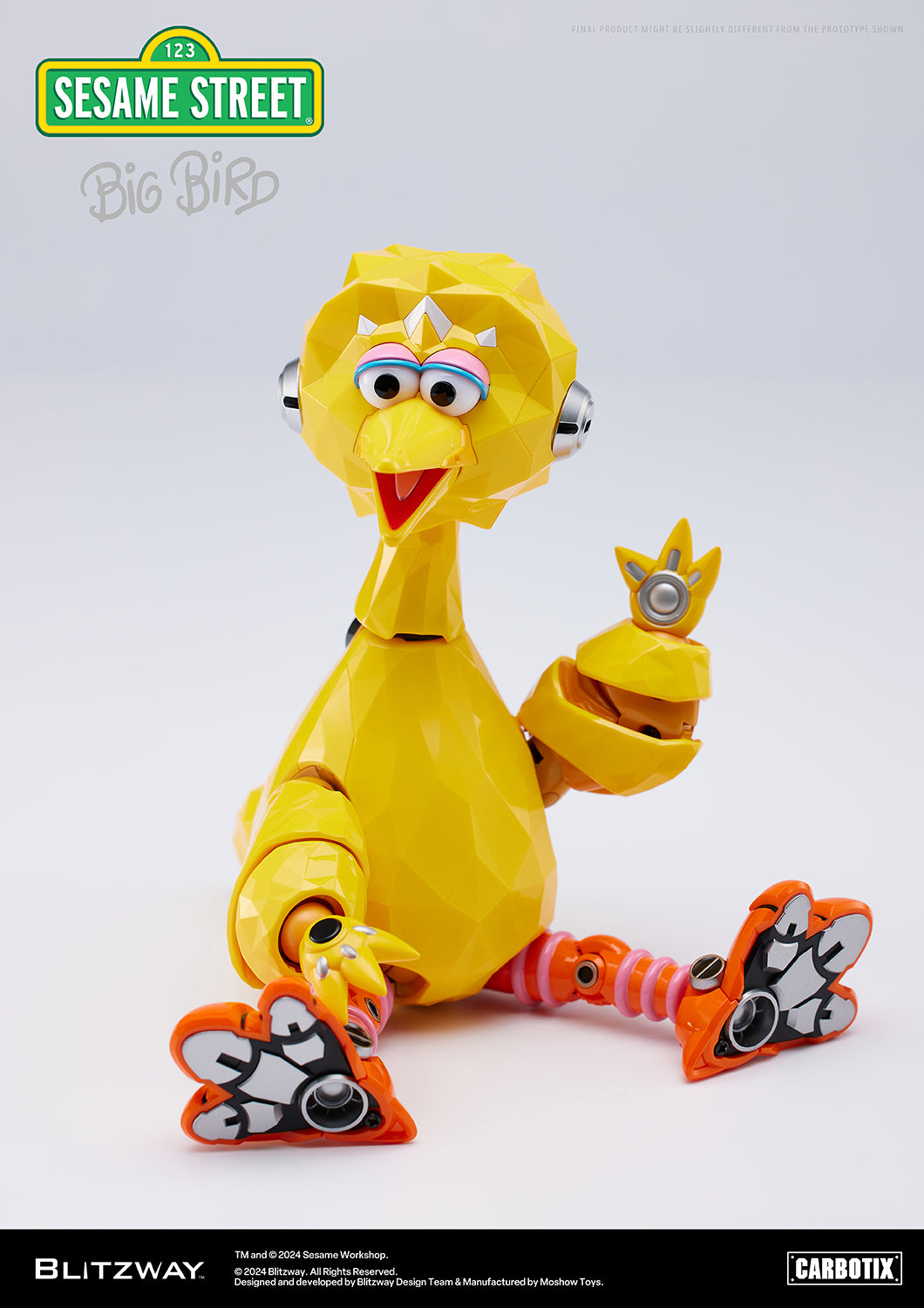 Full-body view of the Carbotix Big Bird figure by Blitzway, seated with both legs stretched forward and right arm raised in a waving gesture, against a clean white background.
