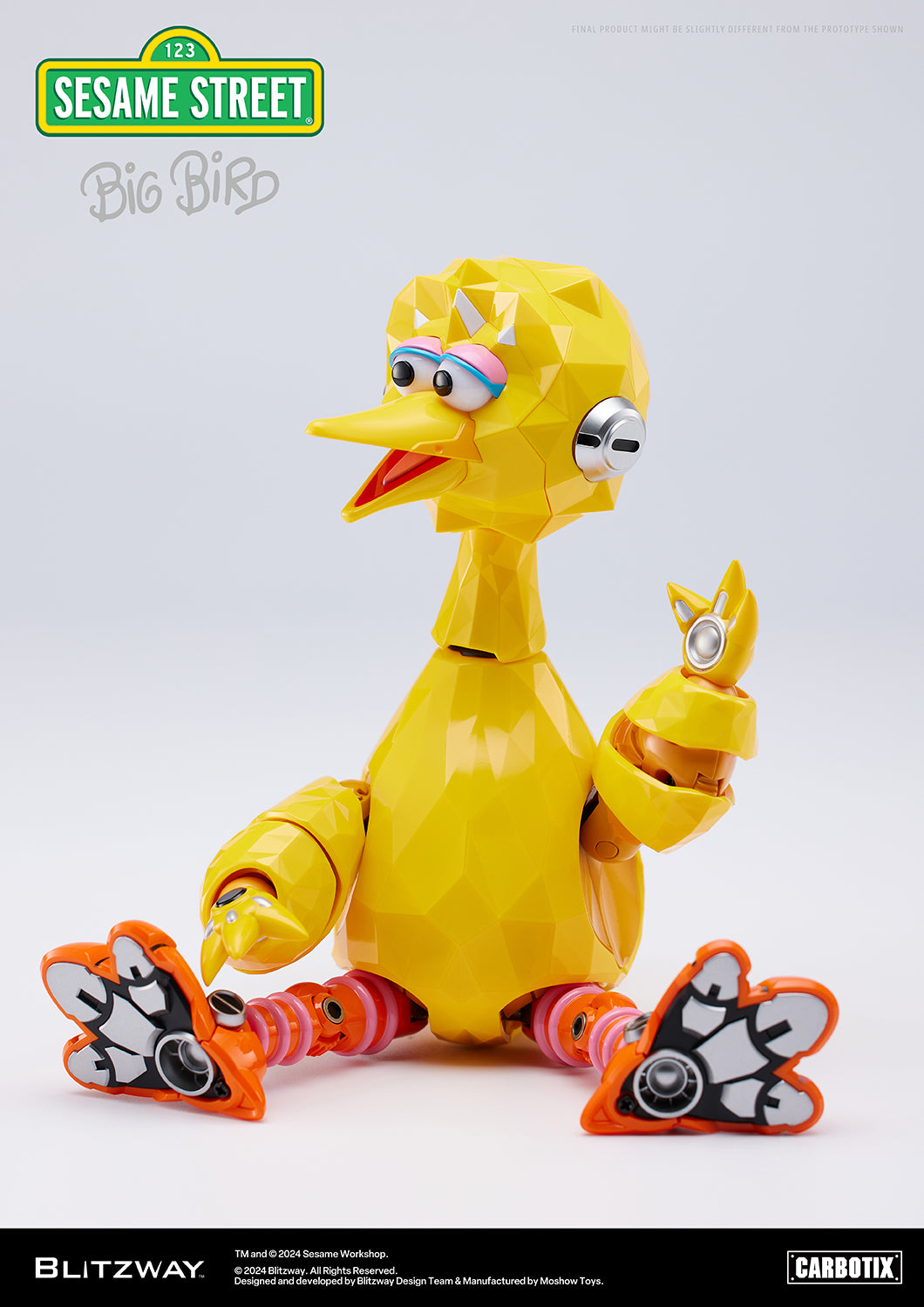 Side view of the Carbotix Big Bird figure by Blitzway, seated with legs extended and head turned to the left, showing its expressive beak and detailed eye design.