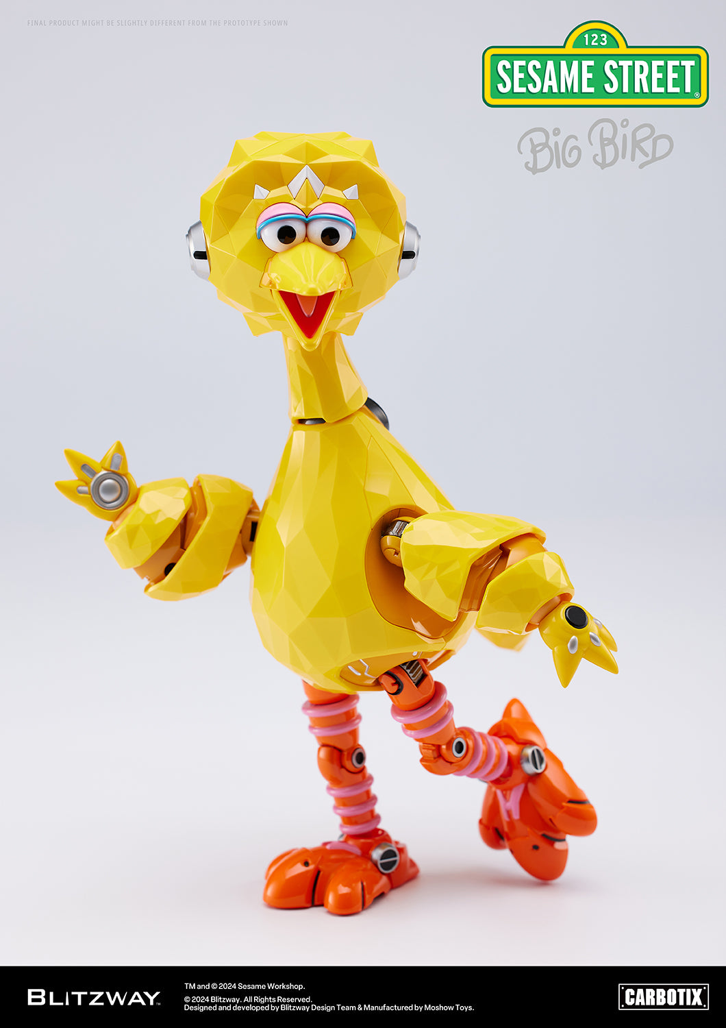 Carbotix Big Bird figure by Blitzway standing on one leg with the other raised, arms open, and smiling brightly, showcasing dynamic articulation and expressive design.