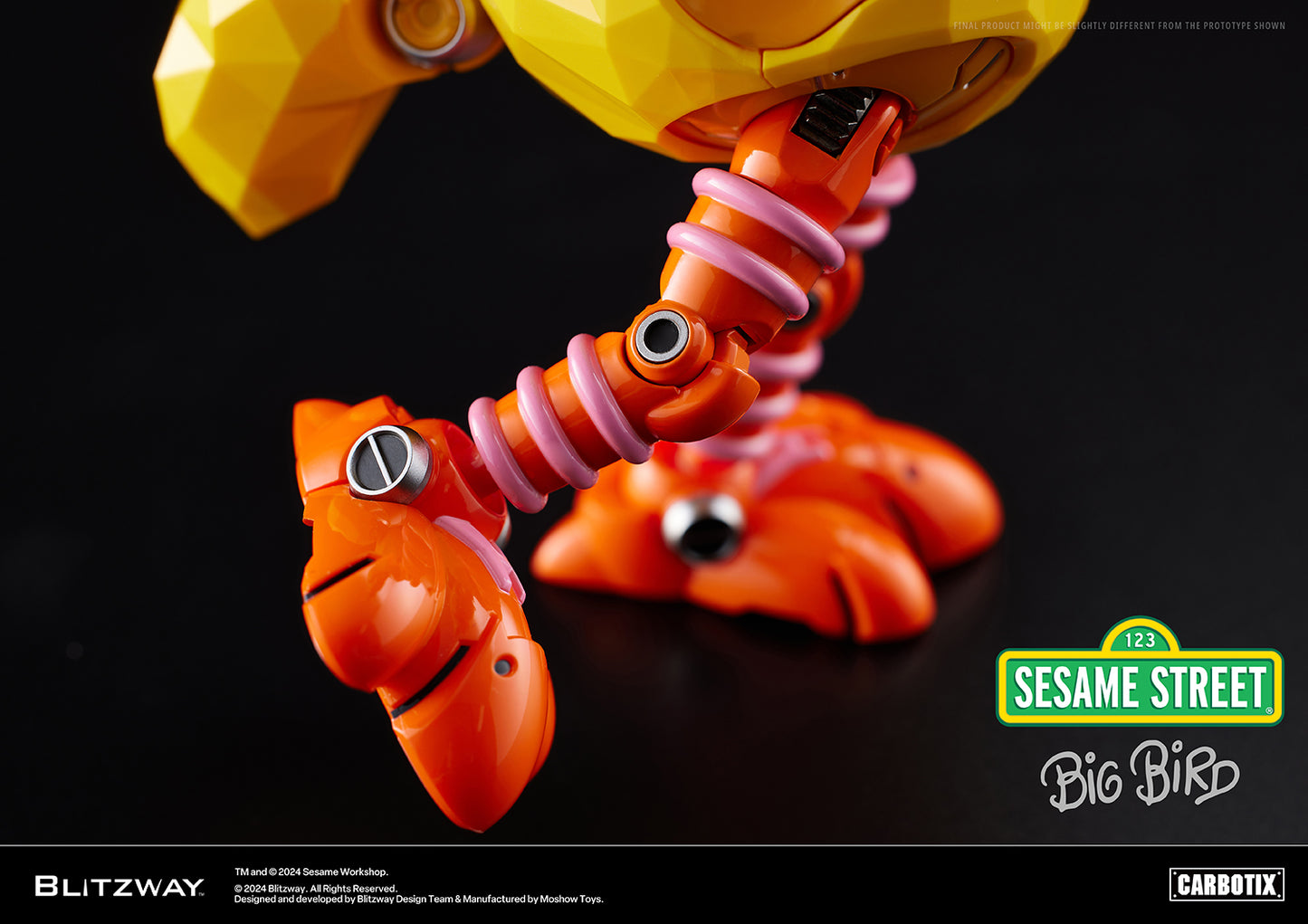 Close-up of Carbotix Big Bird figure’s articulated leg, highlighting the mechanical joint details with orange feet and pink coil structures by Blitzway.