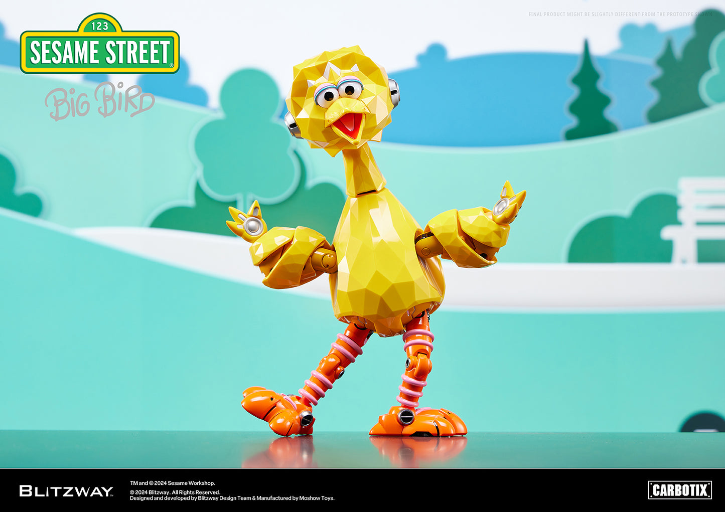 Blitzway Carbotix Big Bird figure from Sesame Street posed in a cheerful stance against a stylized park background, highlighting its bright yellow body and orange legs.