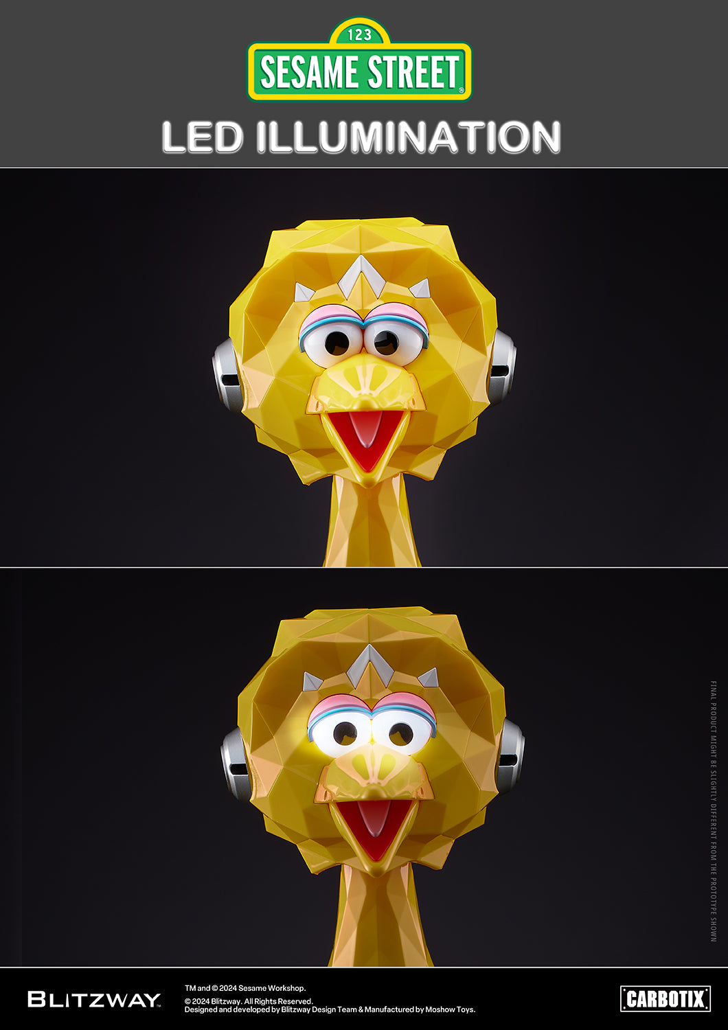A side-by-side comparison of the Carbotix Big Bird figure showing LED illumination on and off. The top image shows the figure with lights off, and the bottom image shows its eyes glowing brightly with LED lights turned on.