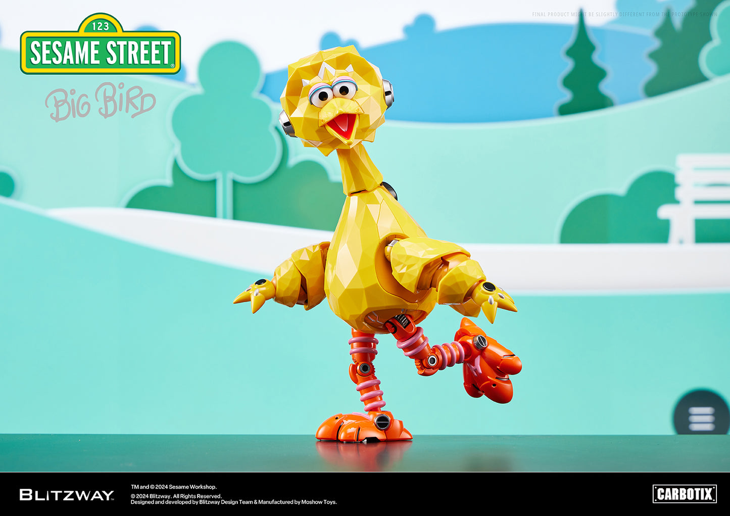 Blitzway Carbotix Big Bird figure from Sesame Street posed in a playful walking motion, set against a bright park-themed background with cartoon trees and bench elements.