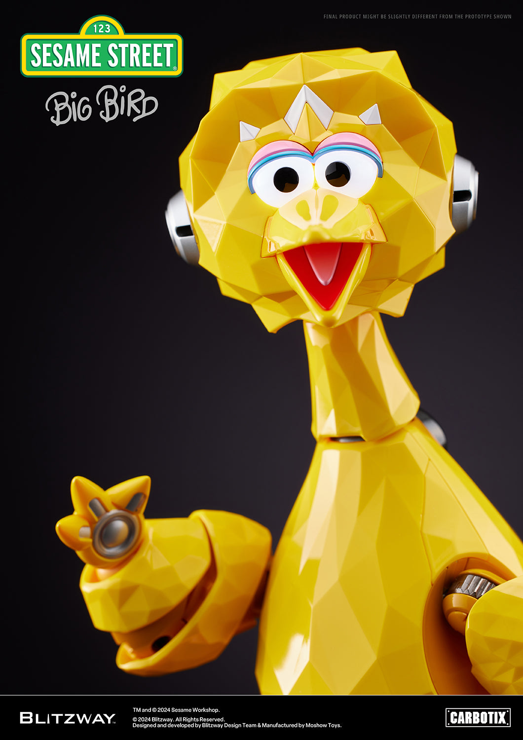 Close-up view of Blitzway's Carbotix Big Bird figure from Sesame Street, showcasing the character's joyful expression and intricate mechanical detailing on a dark background.