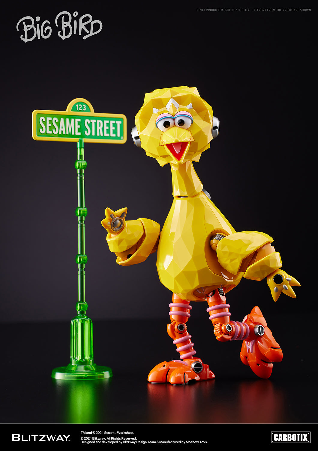 Blitzway's Carbotix Big Bird figure striking a cheerful pose next to a green translucent Sesame Street signpost, set against a dark studio backdrop.