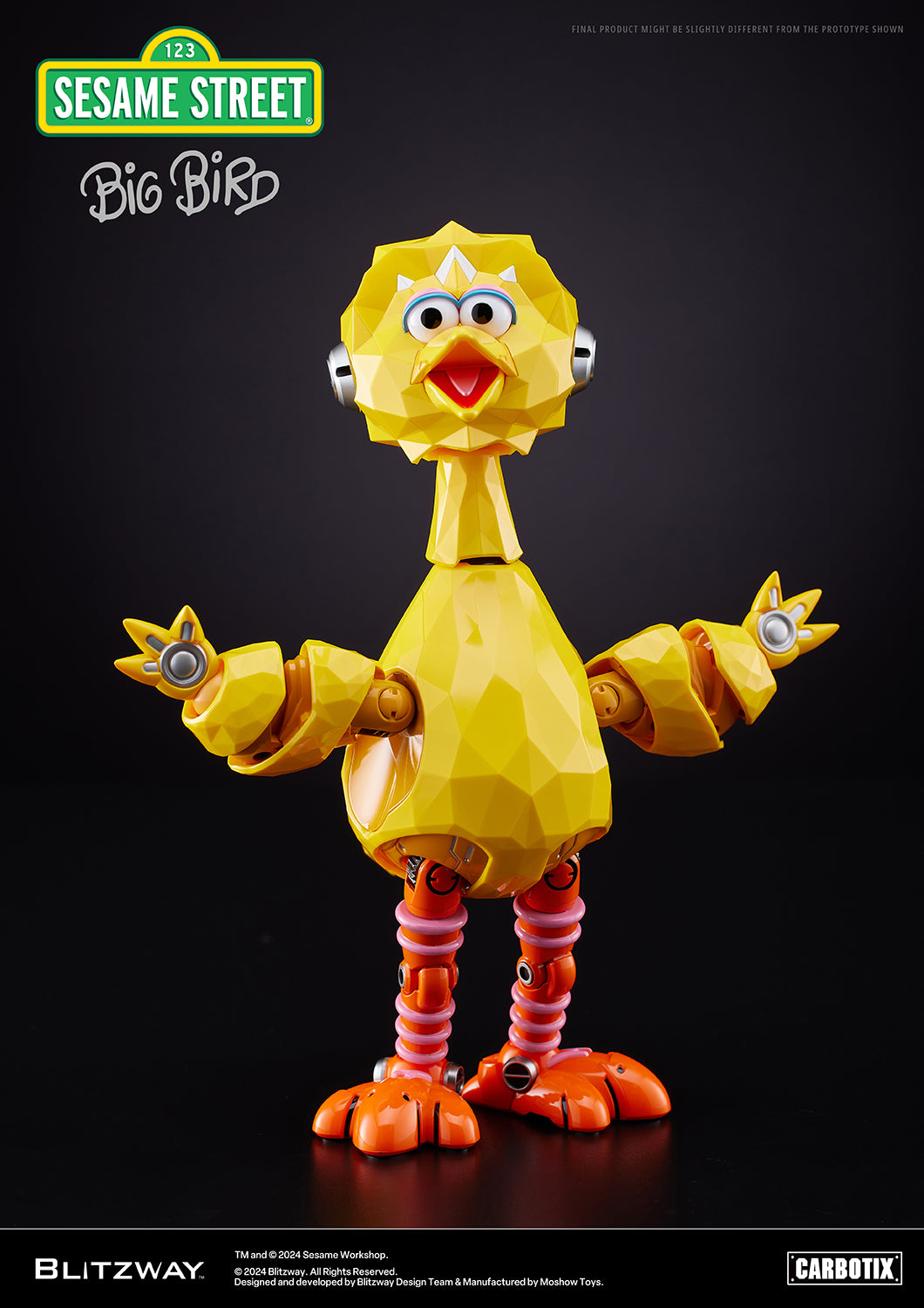 Carbotix Big Bird figure by Blitzway with arms stretched outward, standing on a black reflective surface with a dark background.