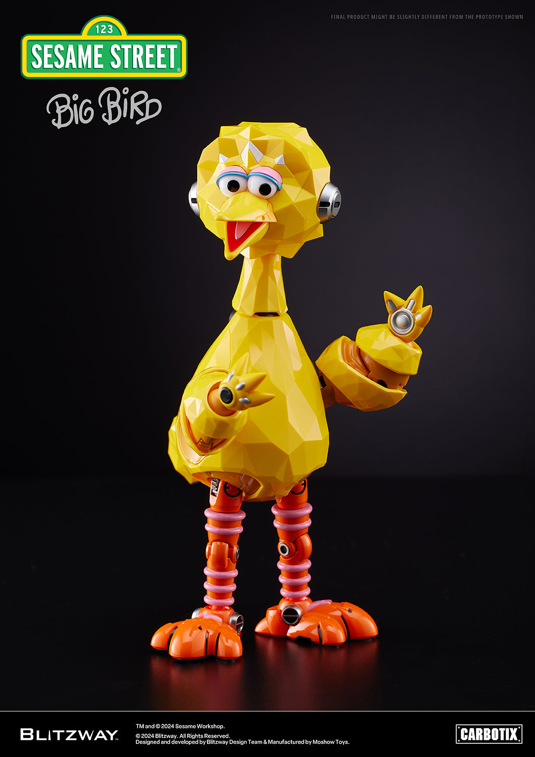 Carbotix Big Bird figure by Blitzway in a waving pose, showcasing articulated joints and polygon-style surface on a black background.
