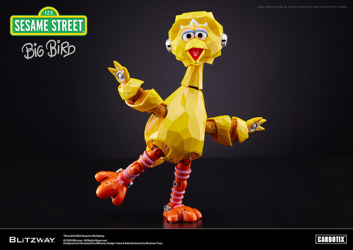 Carbotix Big Bird figure by Blitzway in a playful dancing pose, featuring polygonal sculpt and vibrant colors on a dark studio background.