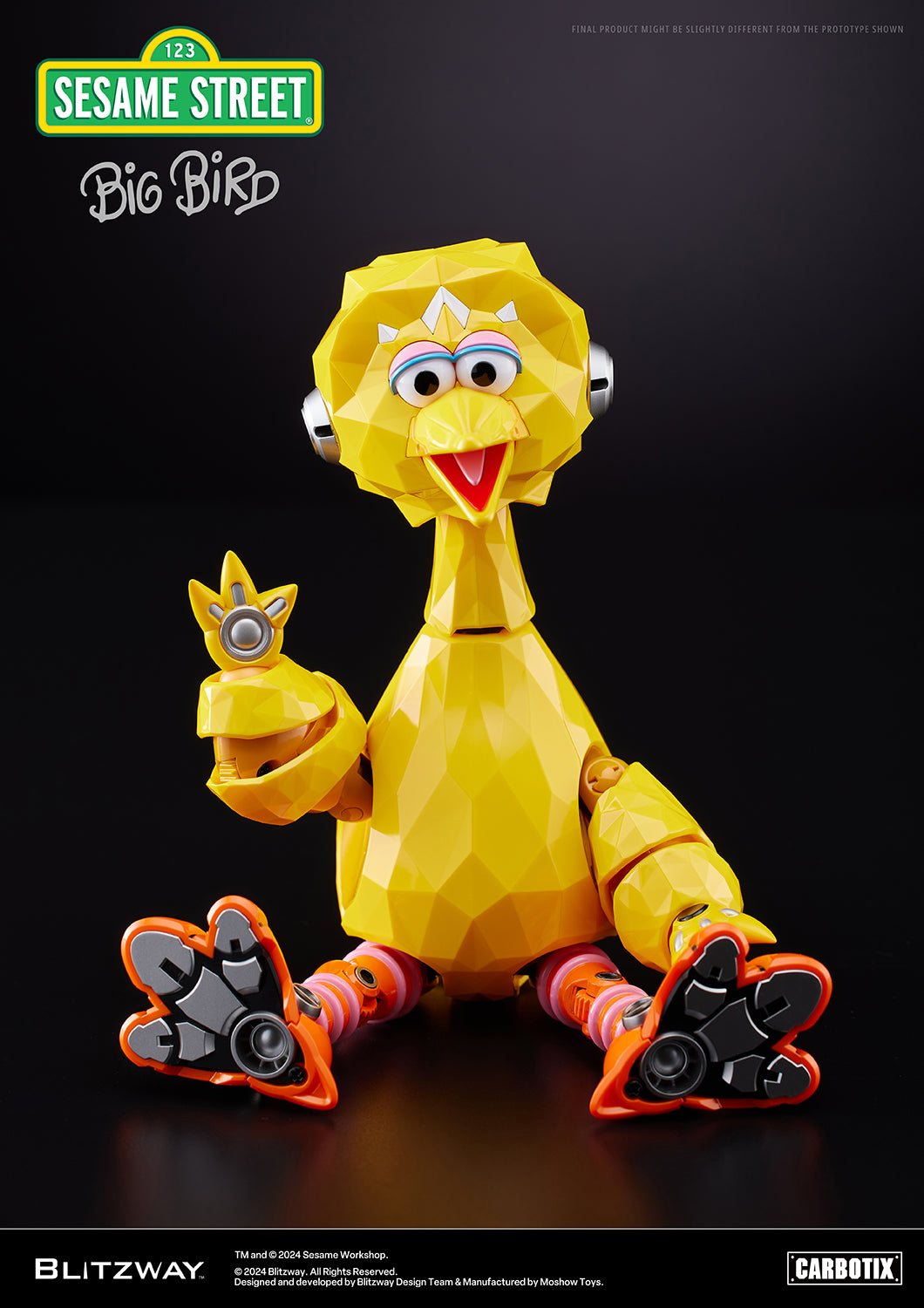 Carbotix Big Bird figure by Blitzway in a cheerful sitting pose, showcasing mechanical foot details and a bright yellow geometric body design.