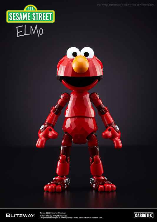 Front view of Elmo from Blitzway’s Carbotix line, showcasing a robotic red figure with articulated limbs, polygonal texture, and Elmo’s iconic wide-eyed smile.