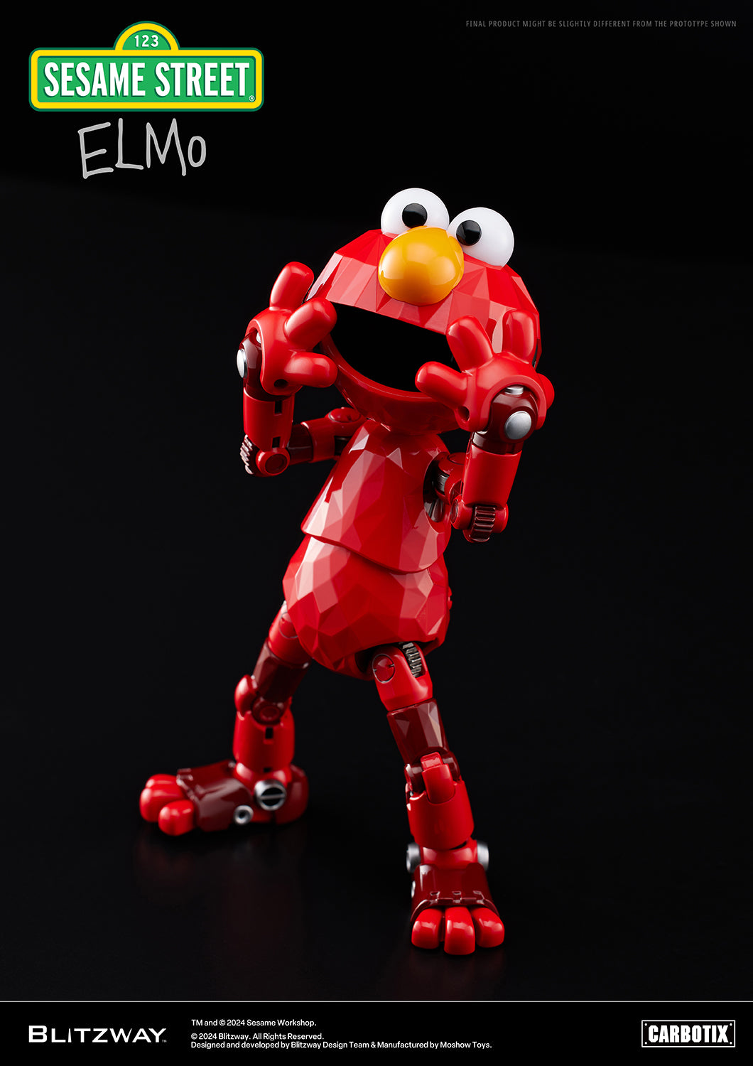 Elmo figure from Blitzway's Carbotix line striking a playful pose with hands raised to its face, standing on one leg against a dark background.