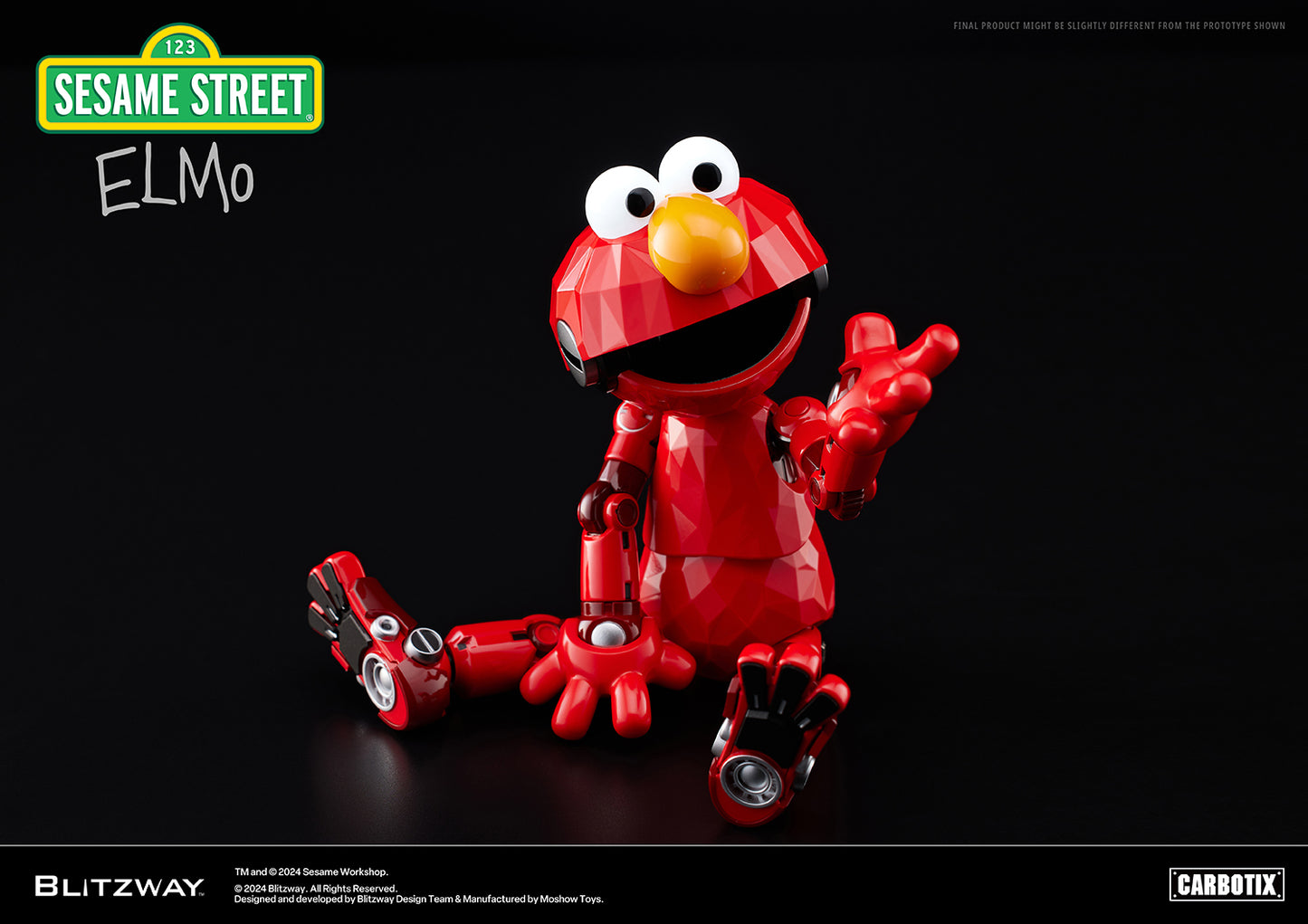 Elmo figure from Blitzway's Carbotix line sitting on the ground with one leg extended, smiling and raising one hand in a waving gesture.
