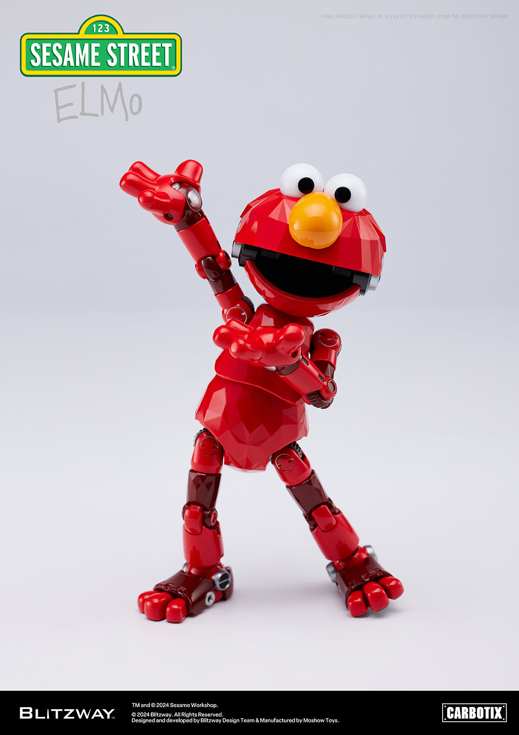 Elmo figure from Blitzway’s Carbotix line striking a playful, confident pose with one arm raised and the other bent, against a clean white background.