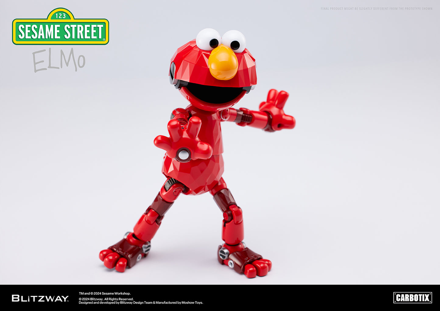 Elmo figure from Blitzway’s Carbotix line in an energetic action pose, reaching forward with both hands against a white background.