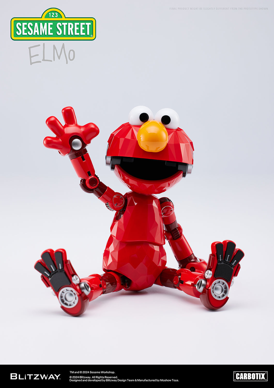 Elmo figure from Blitzway’s Carbotix line sitting with legs outstretched, waving one hand cheerfully against a white background.