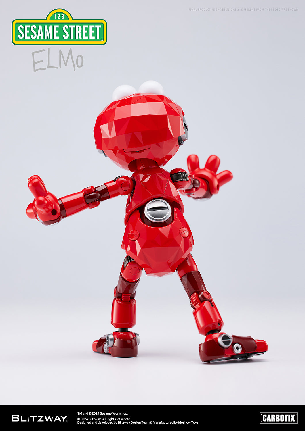 Back view of the Carbotix Elmo figure with arms stretched wide, showcasing mechanical joint details and a dynamic pose.