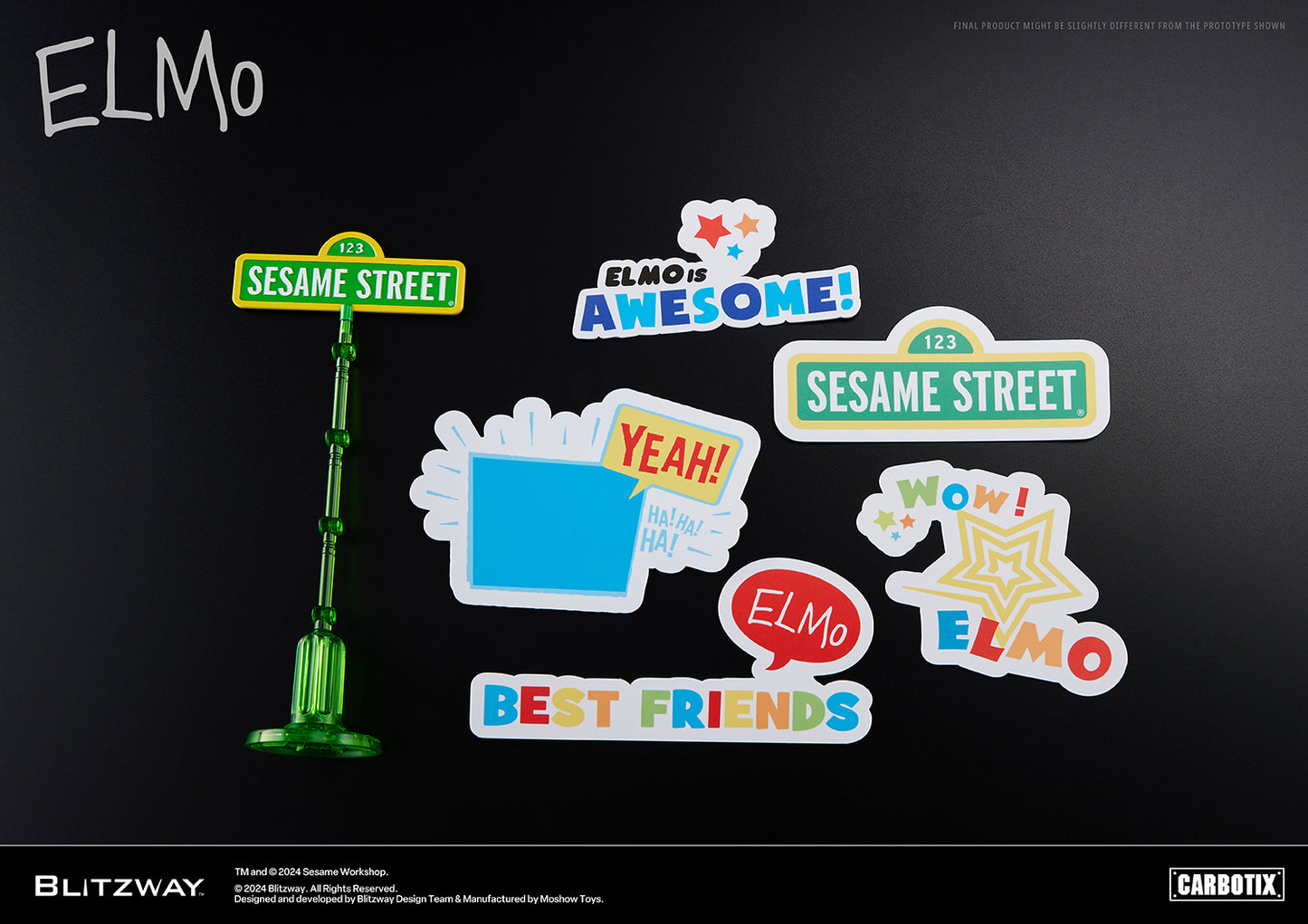 A collection of colorful Sesame Street Elmo-themed stickers and a miniature green street sign display, featuring playful phrases like “Elmo is Awesome,” “Best Friends,” and “Yeah!” on a black background.
