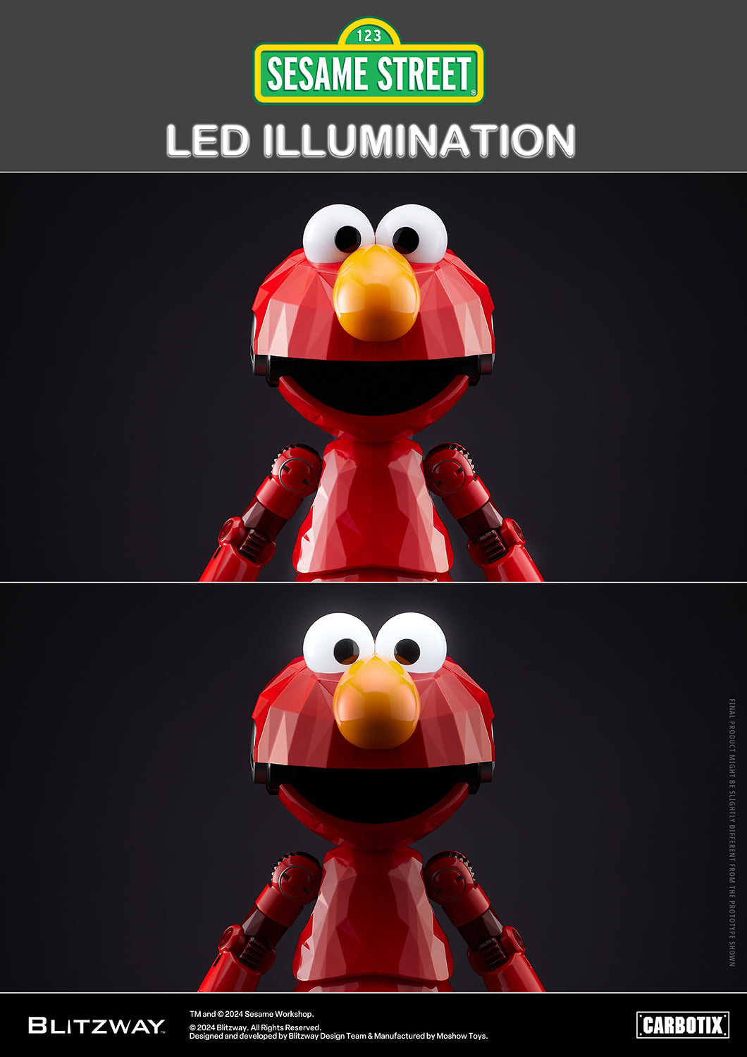 A comparison of the Elmo Carbotix figure showing its head in two states — the top image with eyes unlit, and the bottom image with bright LED lights turned on in the eyes.