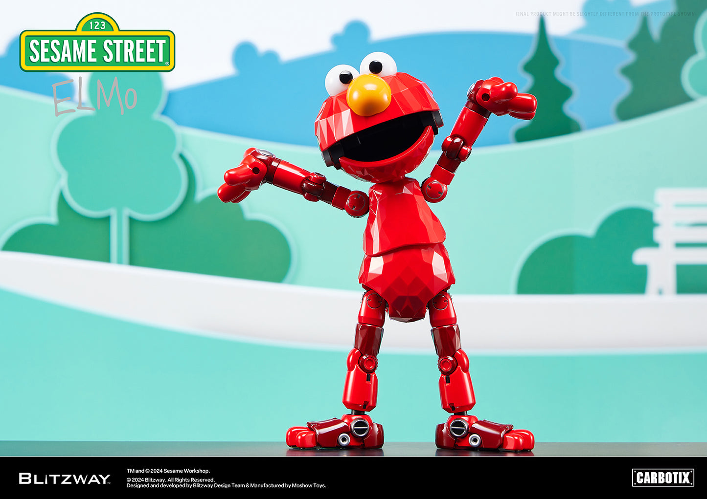 Elmo figure from Blitzway’s Carbotix line striking a playful pose with both arms raised, standing in front of a cartoon-style park background.