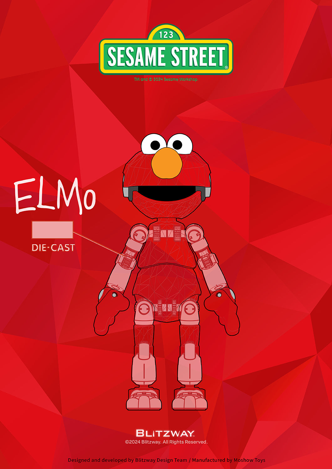 Technical illustration of Blitzway Carbotix Elmo figure from Sesame Street, highlighting die-cast metal parts in the arms and joints.