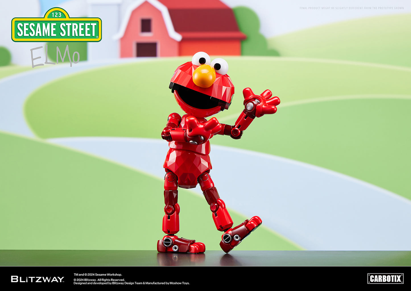 Blitzway’s Carbotix Elmo figure posing with one leg lifted and arms bent in front of a countryside barn backdrop.