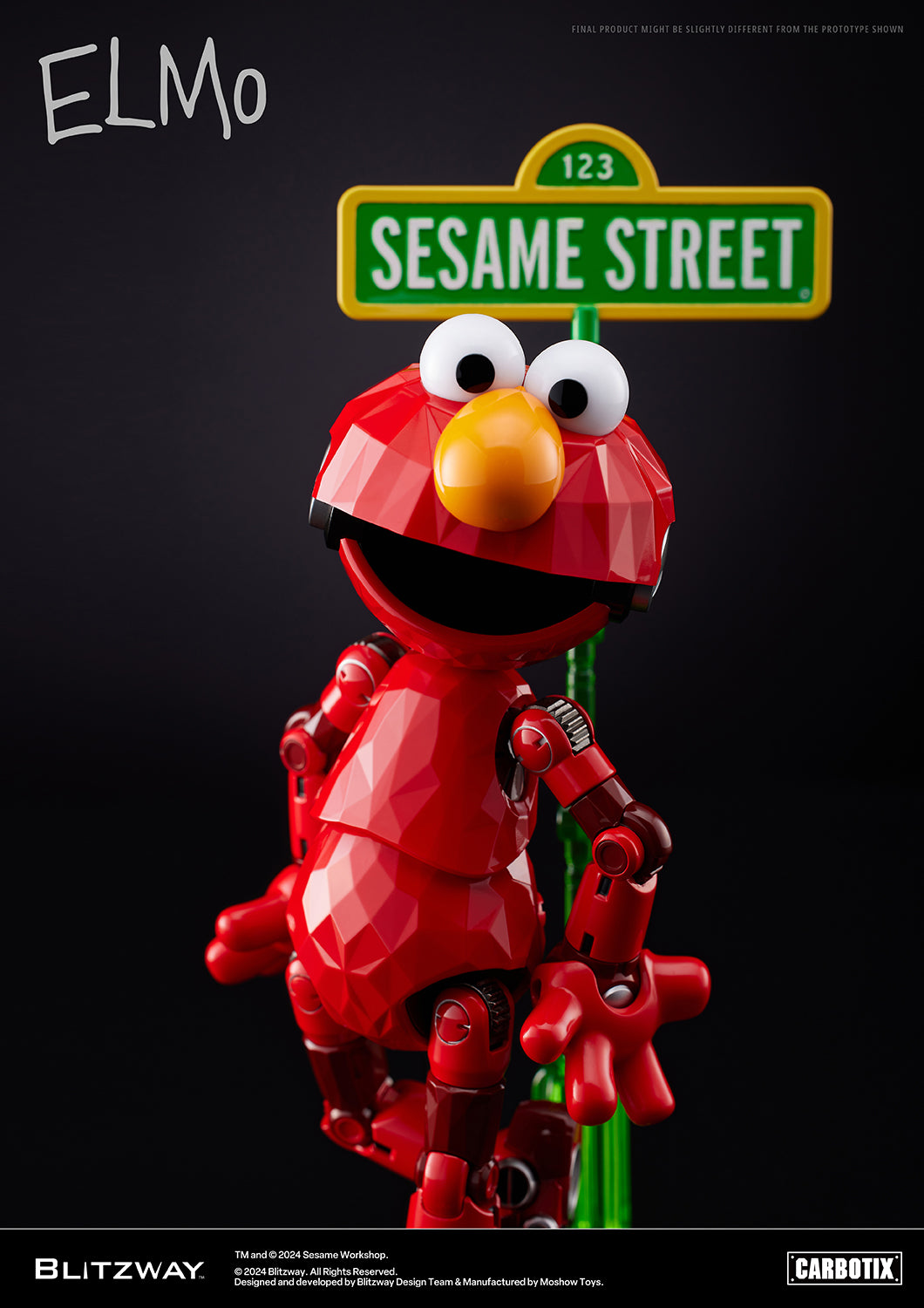 Blitzway’s Carbotix Elmo figure posing with a cheerful expression in front of the green Sesame Street sign.