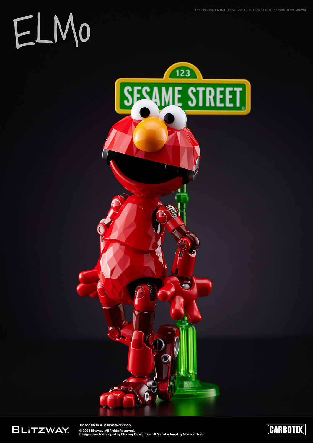 Blitzway Carbotix Elmo figure standing playfully in front of a green Sesame Street sign with a joyful expression.
