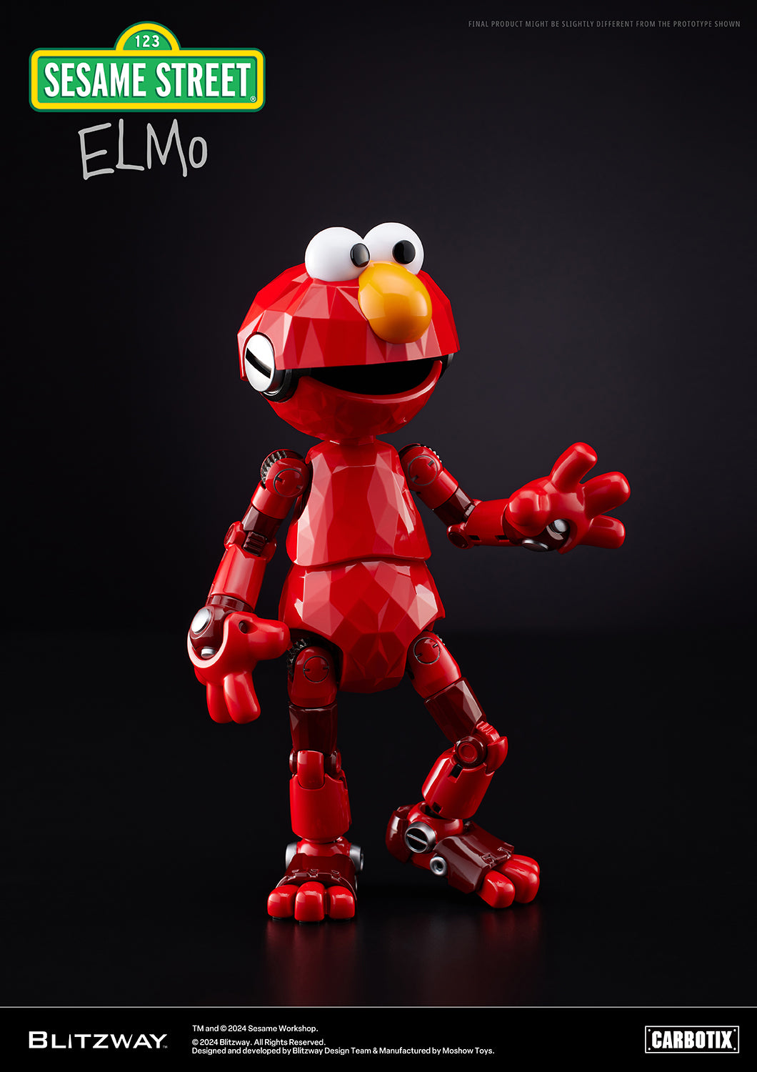 Blitzway Carbotix Elmo figure standing against a dark background, waving its hand with a cheerful expression.