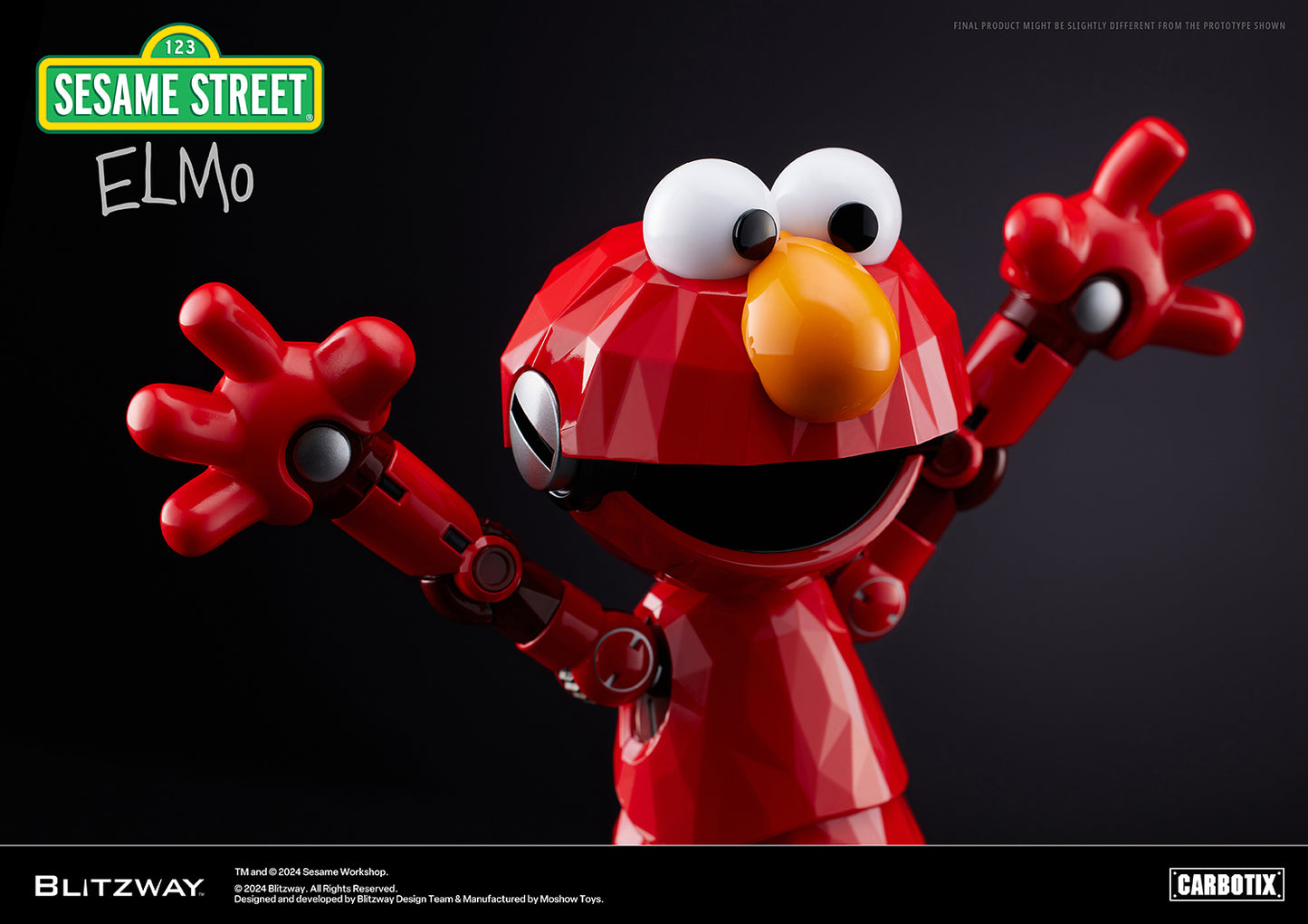 Blitzway Carbotix Elmo figure raising both arms joyfully with a wide open smile, set against a dark background.