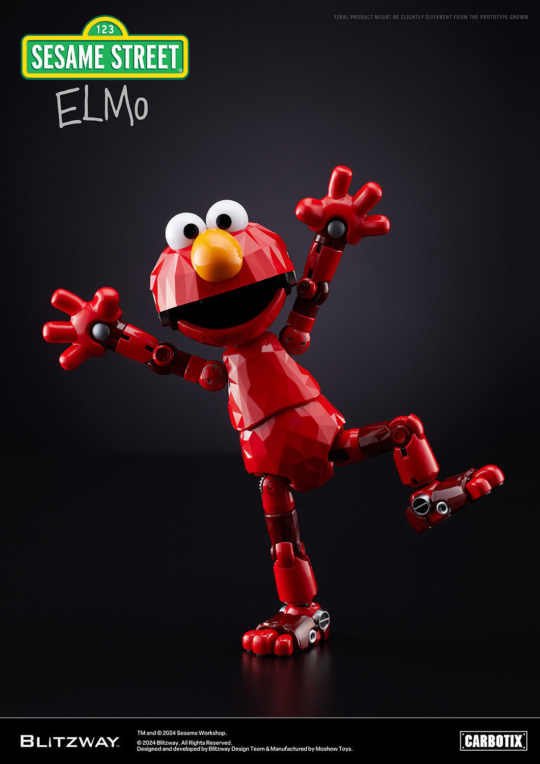 Blitzway Carbotix Elmo figure playfully balancing on one leg with both arms raised, smiling against a dark background.