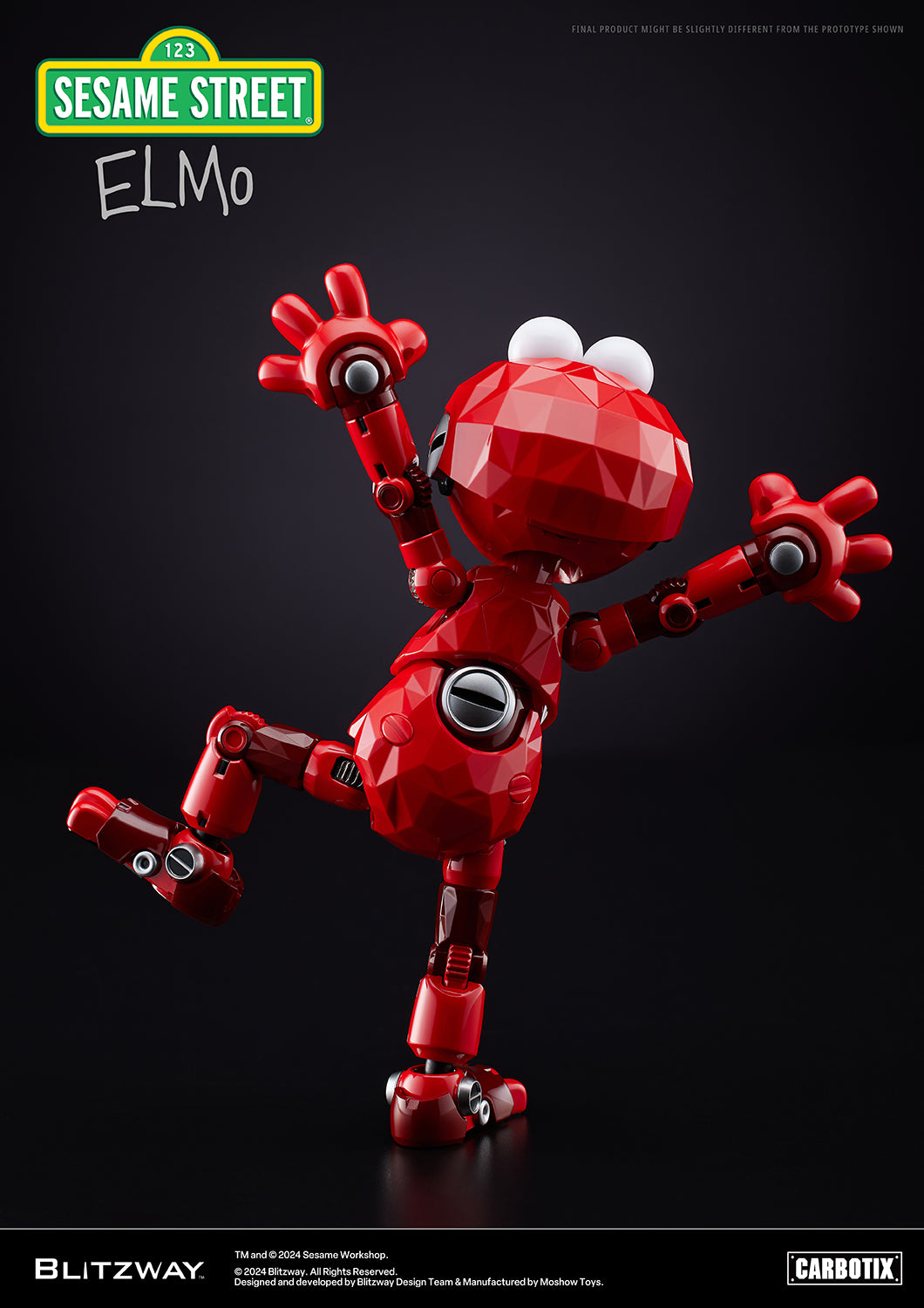 Back view of the Blitzway Carbotix Elmo figure standing on one leg with both arms lifted playfully, showcasing joint and mechanical details.