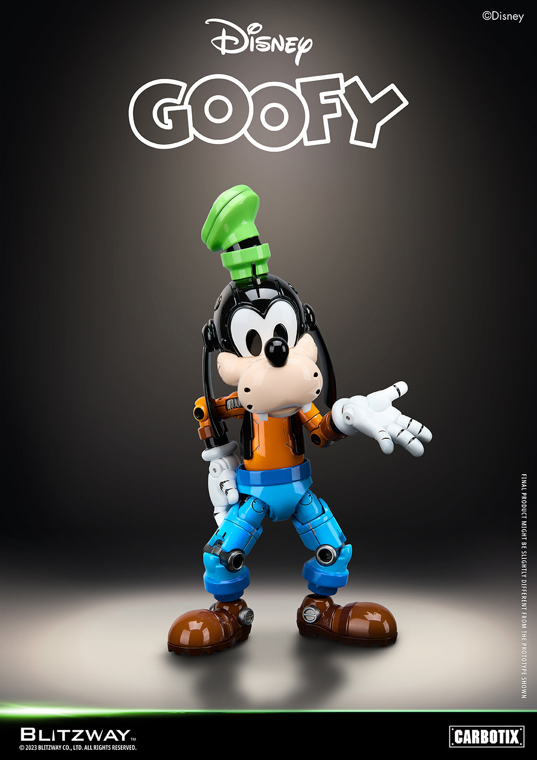 Blitzway Disney Goofy Carbotix die-cast action figure posed with expressive hand gesture, featuring glossy robotic joints and signature green hat