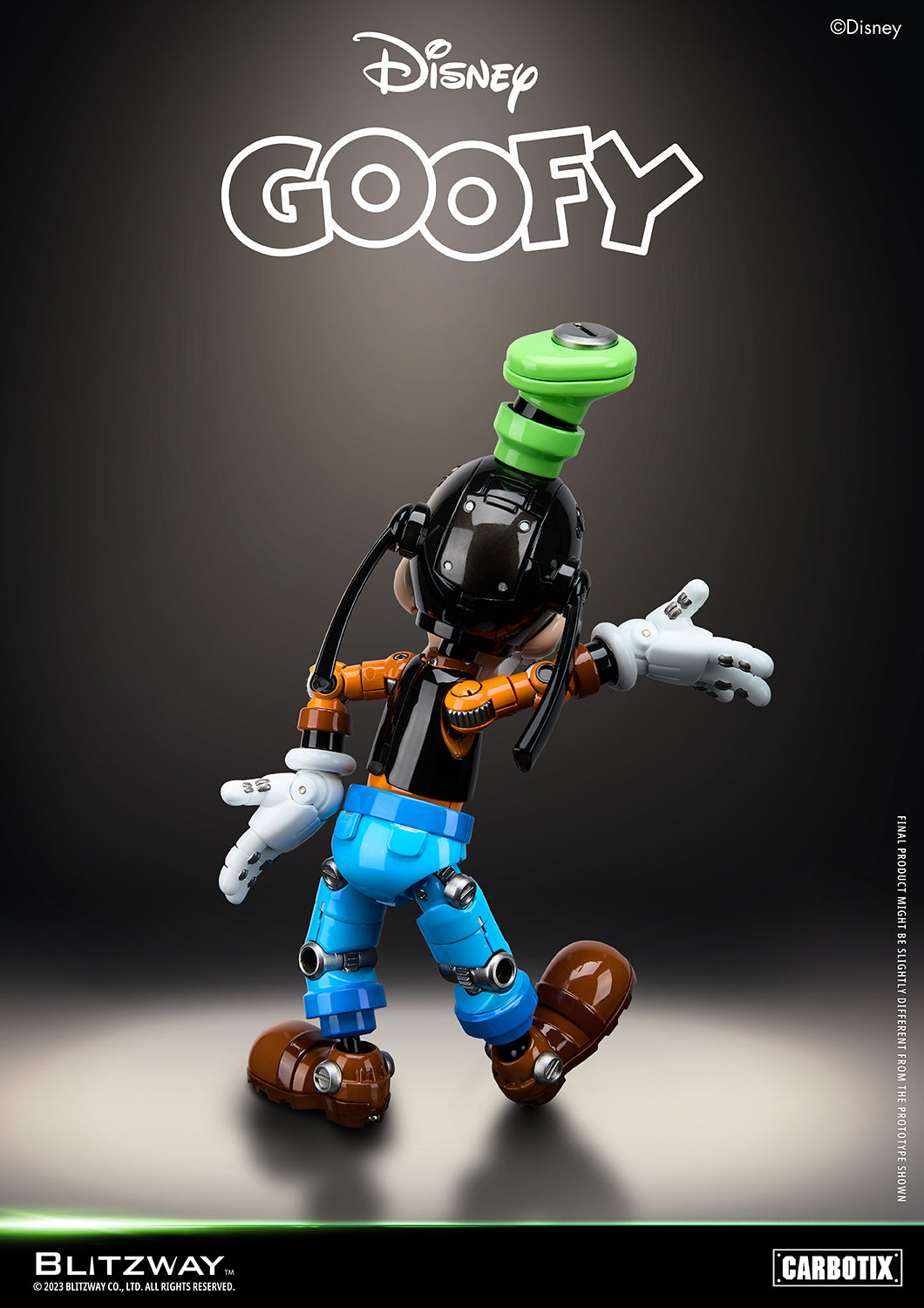 Blitzway Disney Carbotix Goofy 1/6 scale die-cast action figure viewed from behind, with arms extended and signature green hat, showcasing detailed mechanical back design