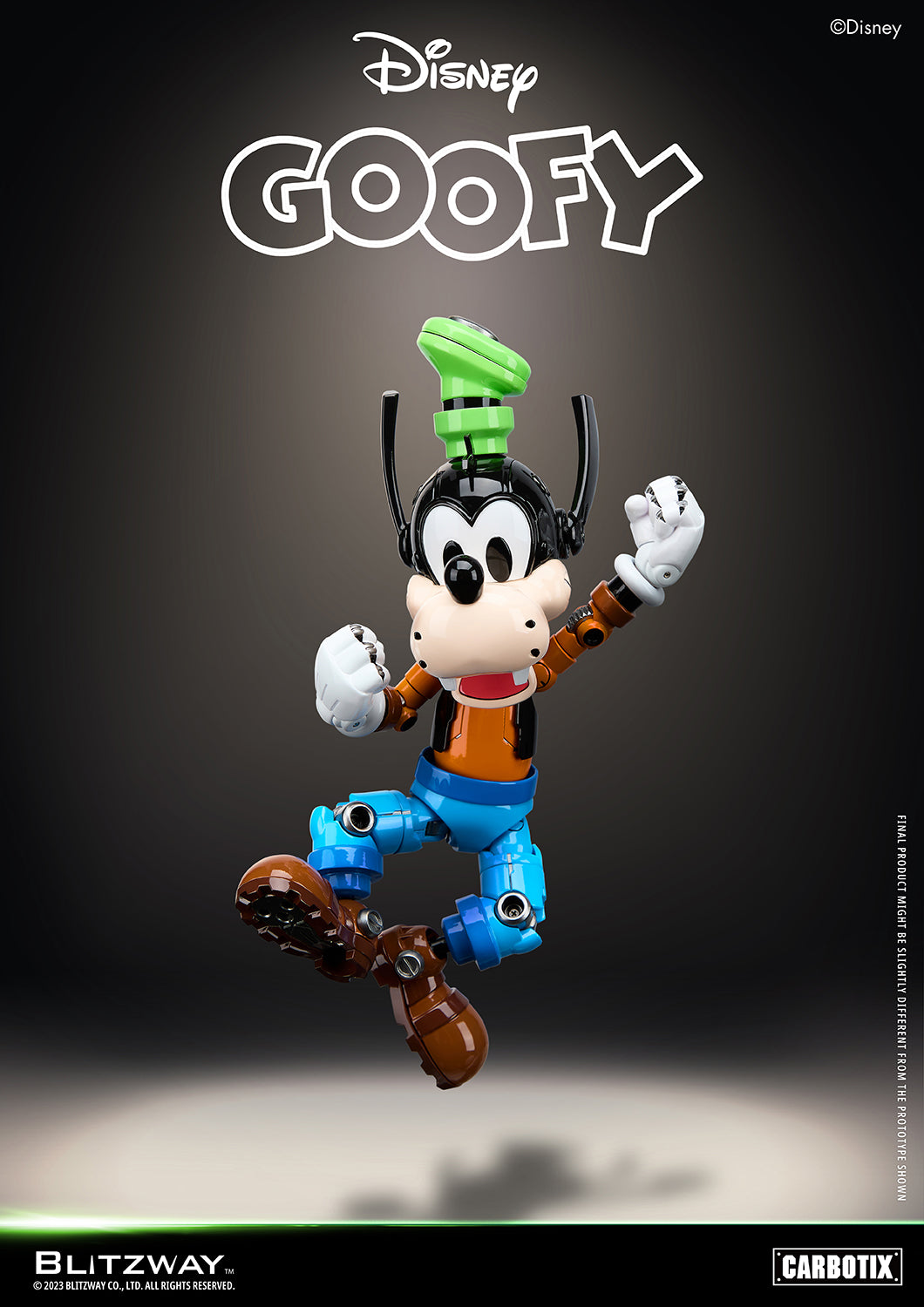 Blitzway Disney Carbotix Goofy 1/6 scale die-cast action figure leaping with arms raised in a joyful celebration pose