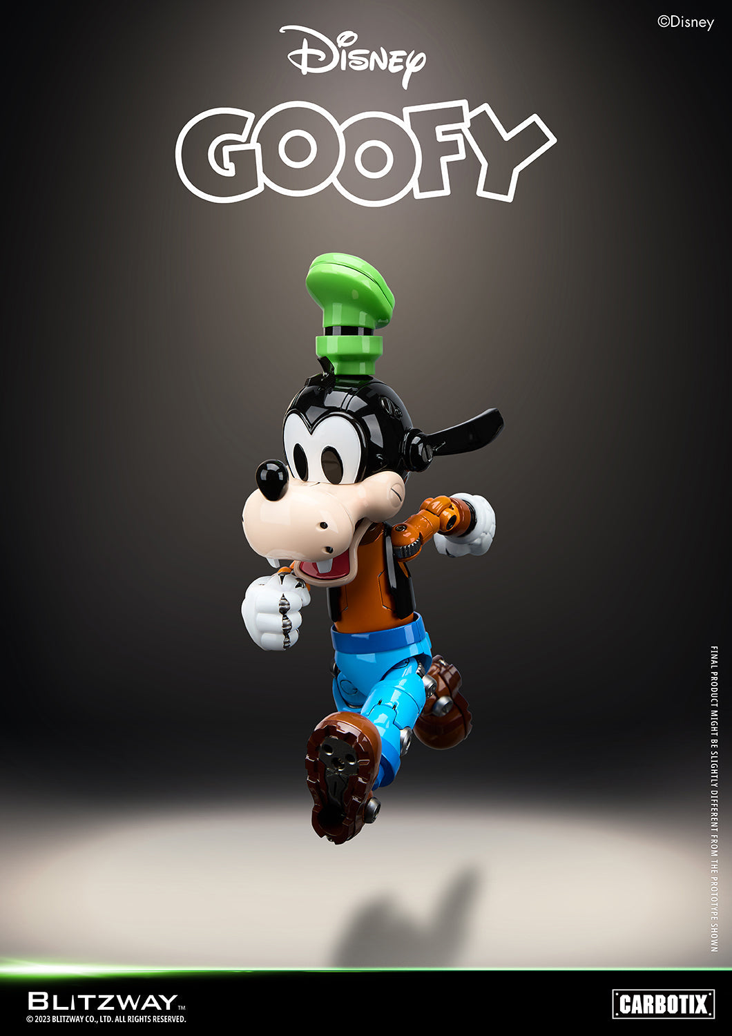 Disney Goofy Carbotix 1/6 scale die-cast action figure by Blitzway captured in a dynamic jumping pose, showcasing playful energy and mechanical articulation