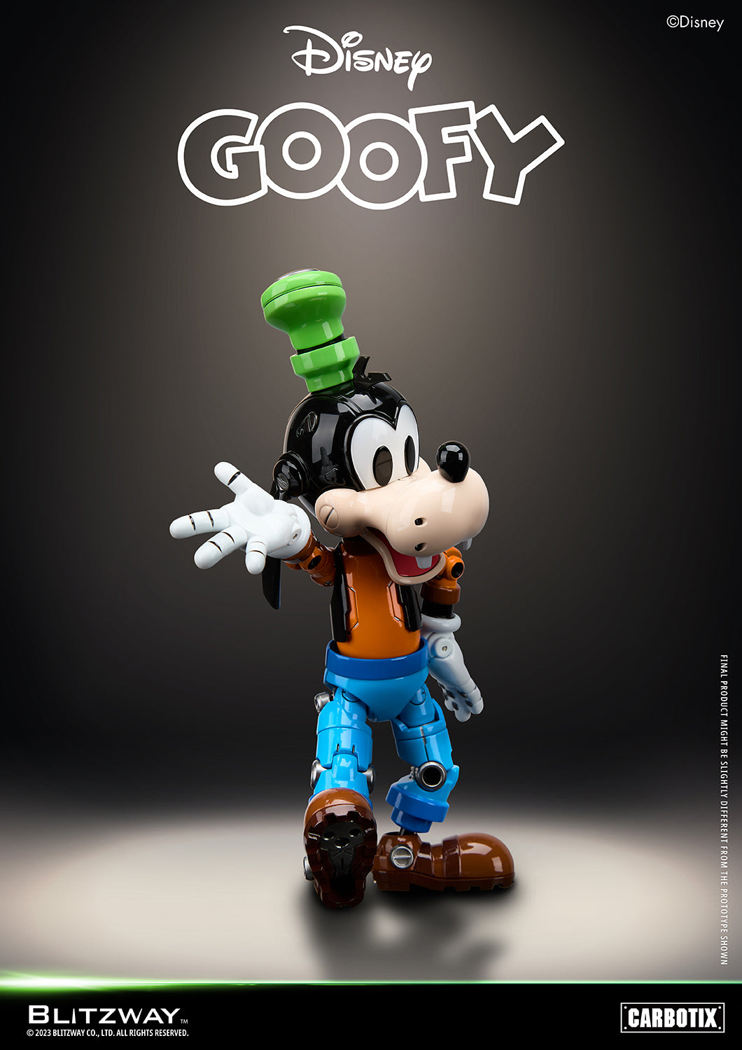 Disney Goofy Carbotix 1/6 scale die-cast action figure by Blitzway in a joyful walking pose with mechanical joints and vibrant detailing