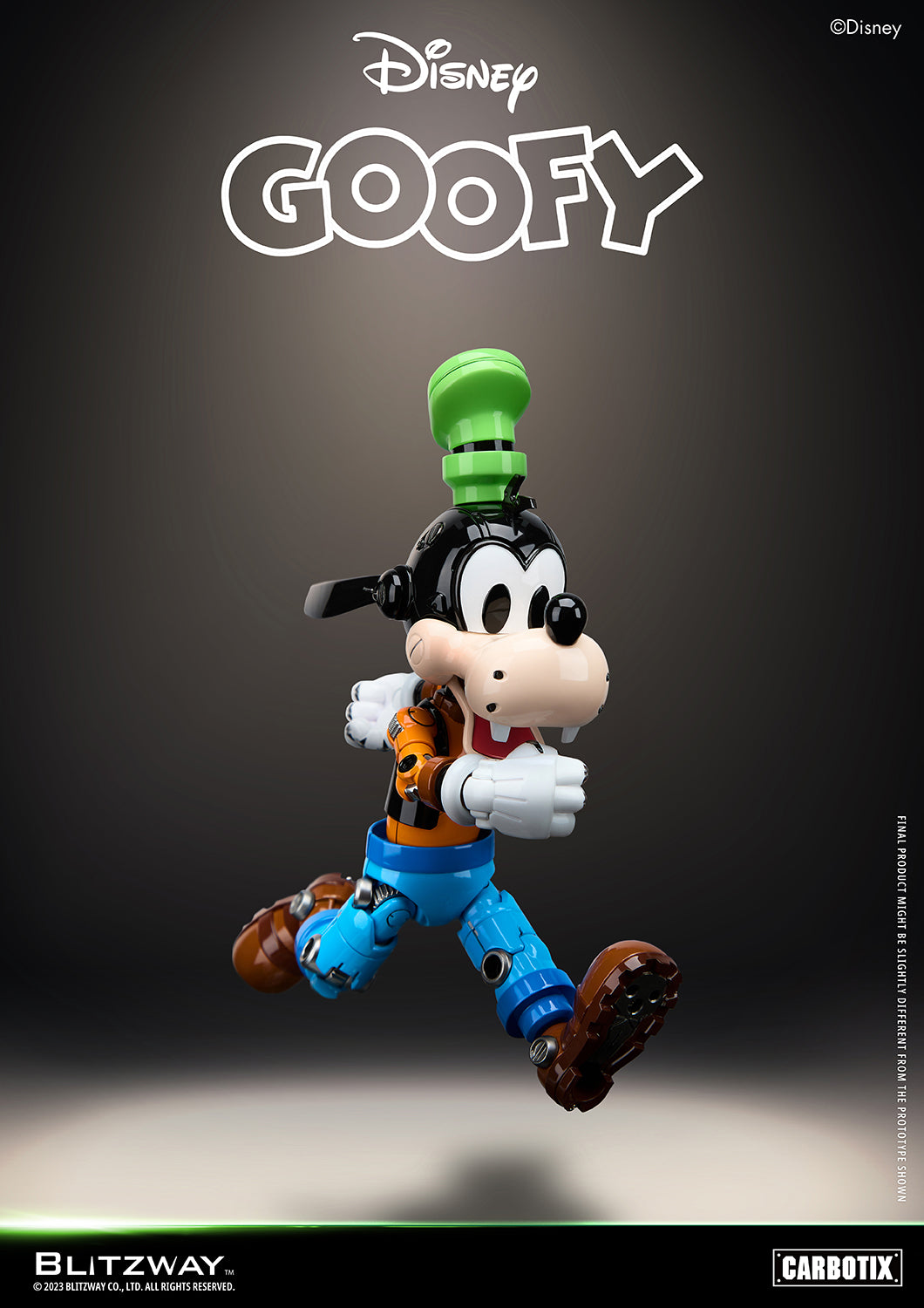 Blitzway Disney Carbotix Goofy 1/6 scale die-cast action figure in a dynamic running pose with arms crossed and joyful expression